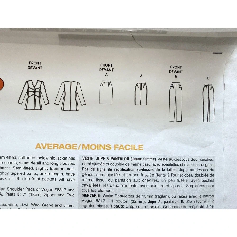 Vogue Designer Bill Blass Sew Pattern Gorgeous Jacket Skirt Pants (18-22) UCFF